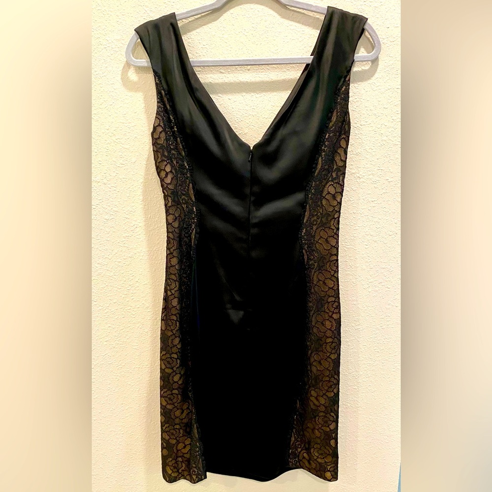 Maggie London black satin cocktail dress, lace side panels & ruched bust detail